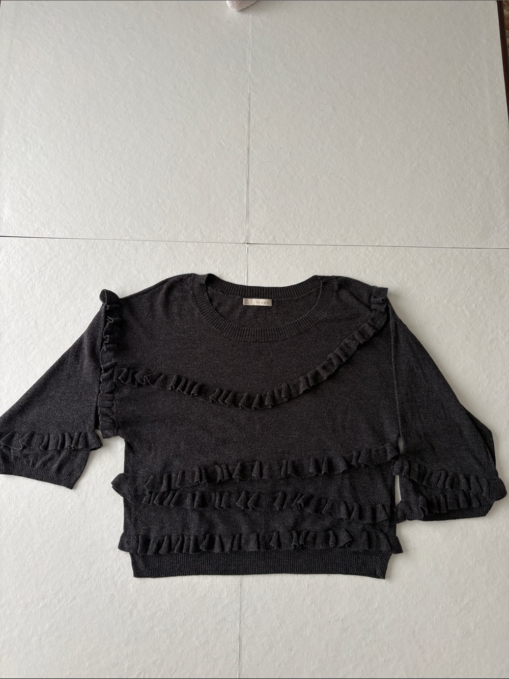 Women's Charcoal Grey Ruffle Detail Sweater Top by Hinge. XS